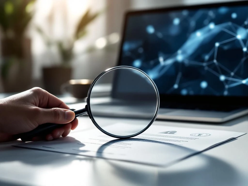 Lupe prüft digitales Sicherheitszertifikat auf weißem Schreibtisch mit Laptop im Hintergrund, Cybersicherheits-Audit