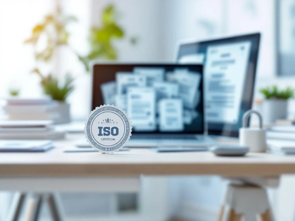 Moderne kantoorbureau met laptop, compliance documenten, ISO certificering badge en digitaal beveiligingsslot icoon