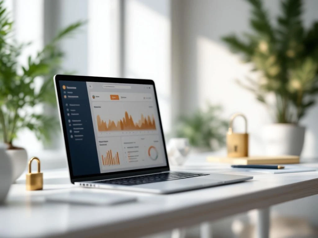 Laptop met dashboard op modern bureau met gouden hangslot en beveiligingselementen in minimalistische kantooromgeving