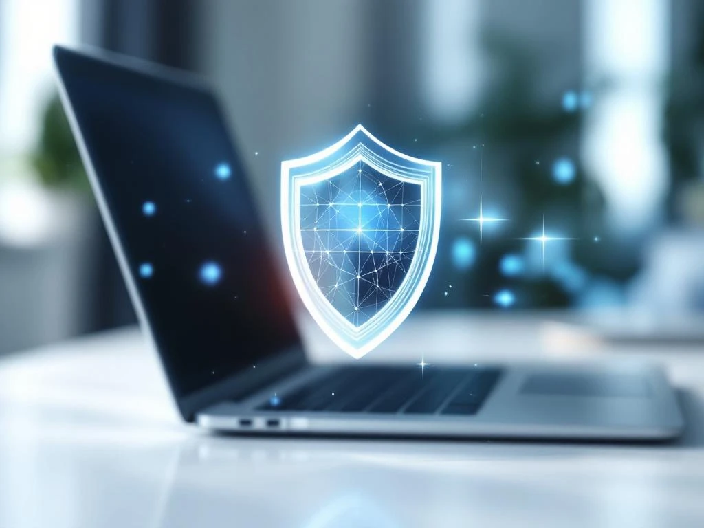 Digital security shield floats above desk with laptop in background, symbolises cybersecurity and data protection