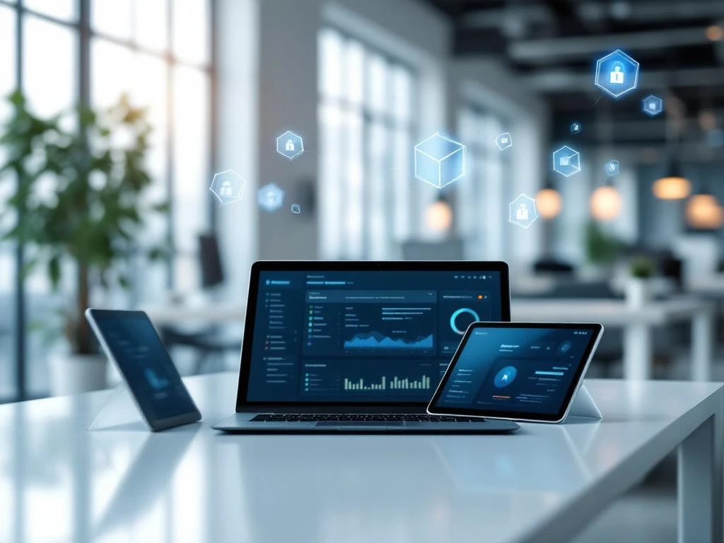 Modern workplace with laptop and tablet on white desk, hybrid office environment with floating security icons