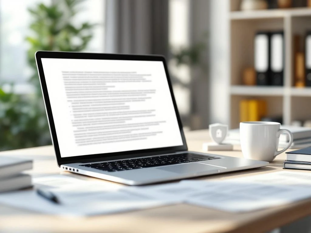 Moderne minimalistische kantoorwerkplek met laptop, documenten en beveiligingsschild pictogram in natuurlijk licht