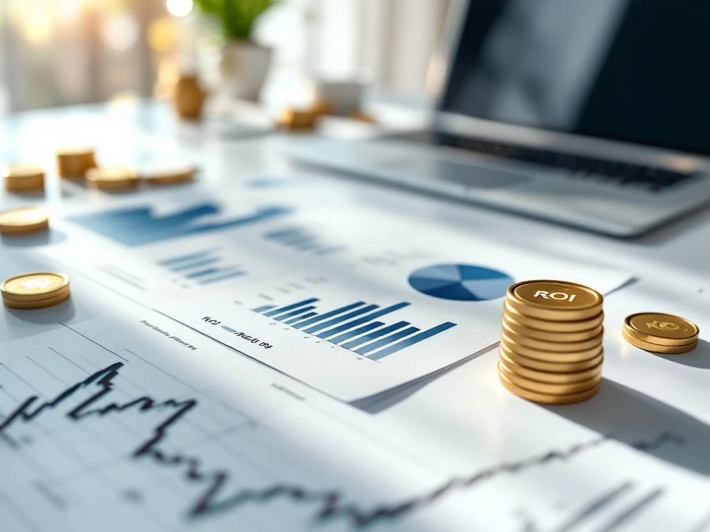 Financial charts and ROI analyses on white desk with gold coins and cybersecurity shield icon, modern workplace