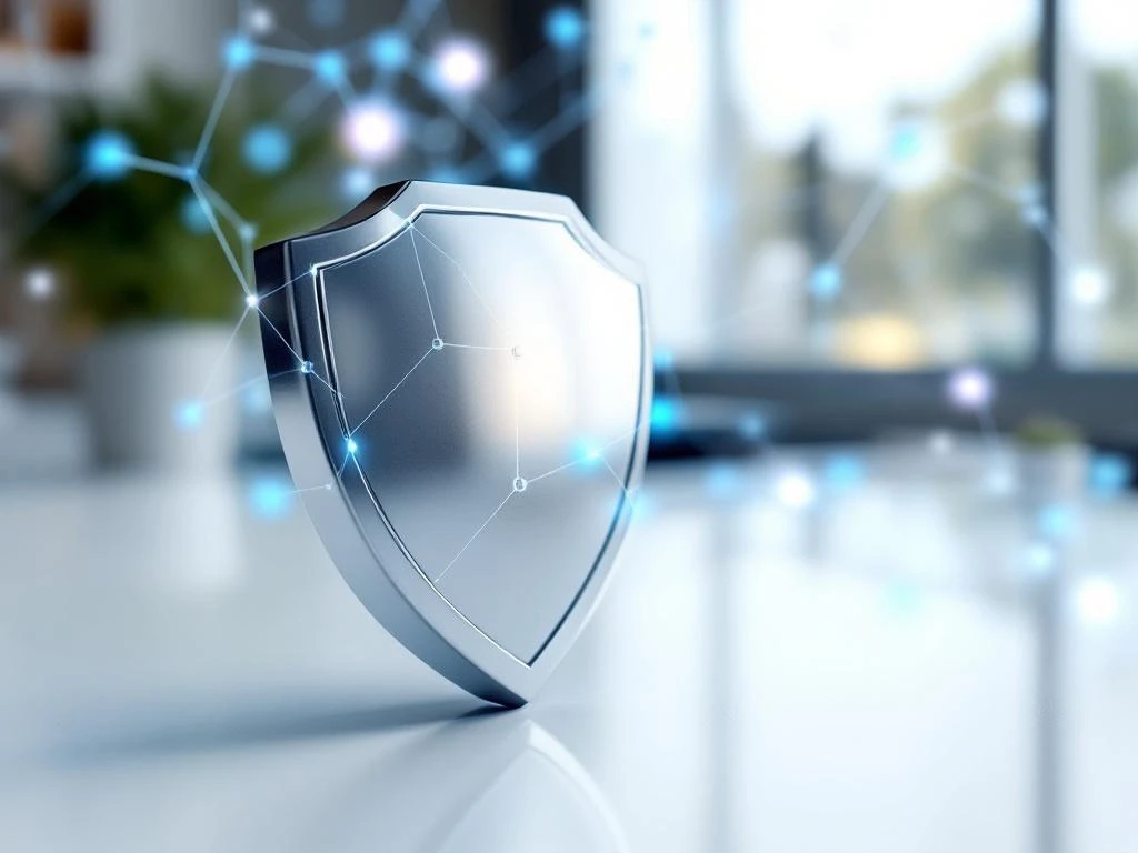 Metalen schild symbool op wit bureau met vage blauwe netwerkpatronen, digitale beveiliging en cybersecurity concept