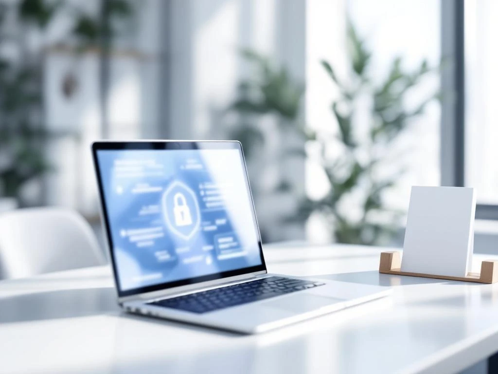 Modern laptop with security interface on white desk in quiet office environment with certificate holder and blue accents