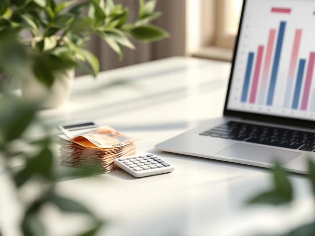 Witte rekenmachine en stapels eurobiljetten op modern bureau met laptop en planten voor financiële planning