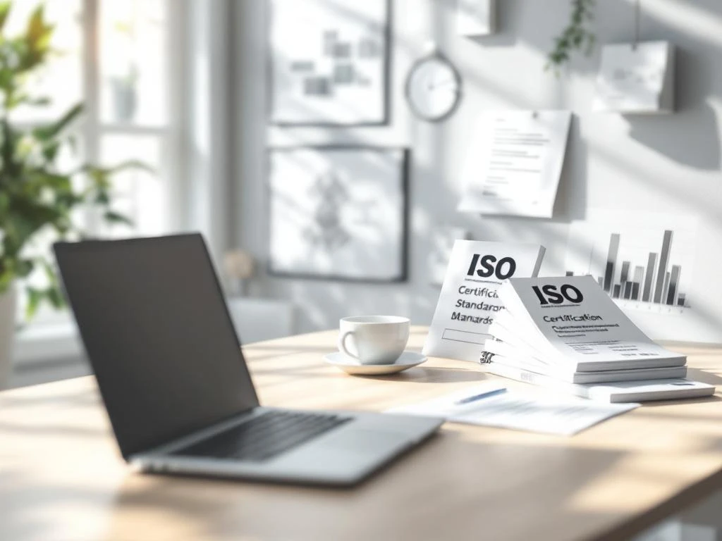 ISO-certificeringsdocumenten en standaardhandleidingen georganiseerd op houten bureau met laptop in professionele werkruimte