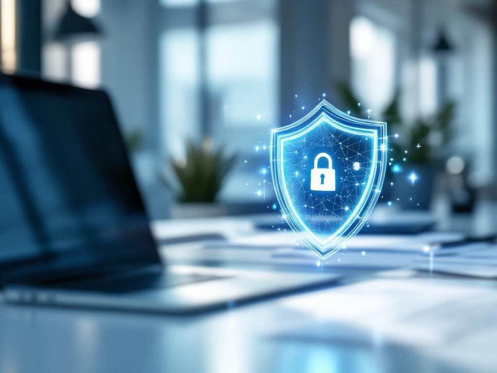 Digitaal beveiligingsschild pictogram zweeft boven wit bureau in moderne kantooromgeving met ISO 27001 certificering symbool