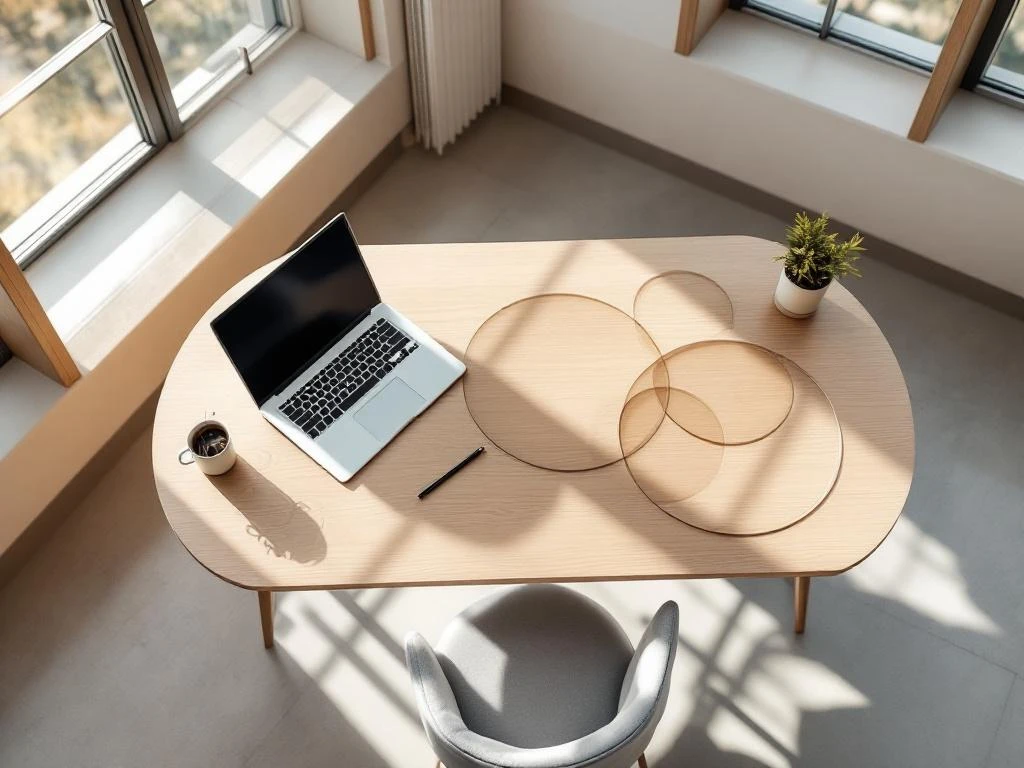 Modern office workspace from above with wooden desk, laptop, notebooks and plant in natural light