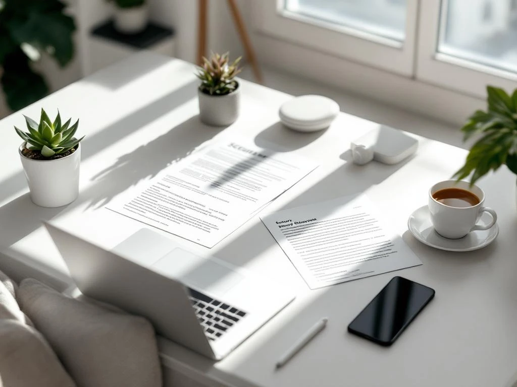 Minimalist home office with laptop, cybersecurity documents, plant and coffee on white desk, top view