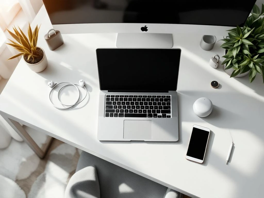 Moderne minimalistische thuiswerkplek met laptop, smartphone en beveiligingsaccessoires op wit bureau