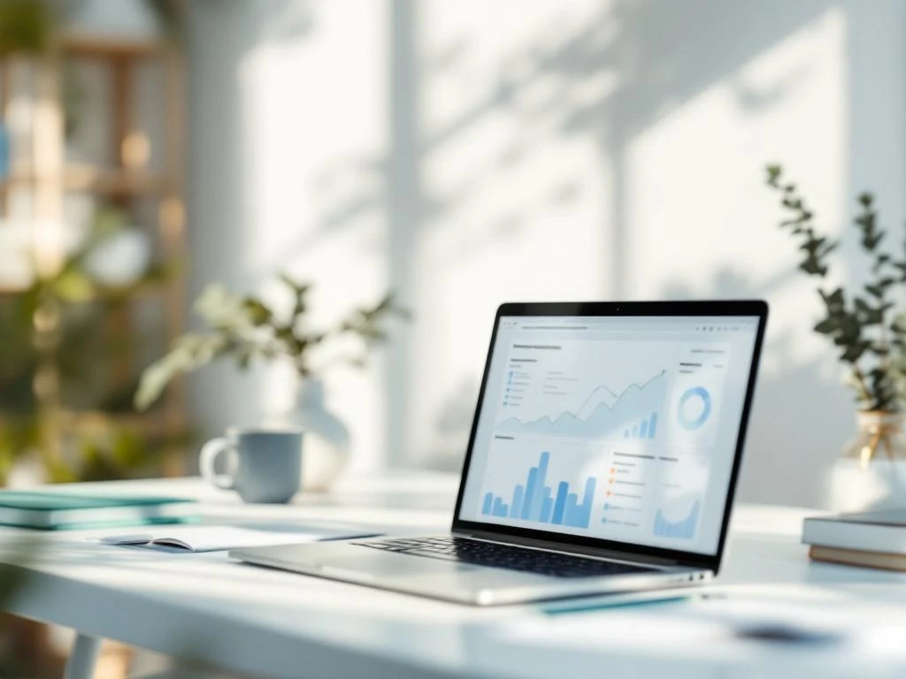 Moderne laptop met dashboard analytics op minimalistische werkplek met geometrische vormen en zachte verlichting