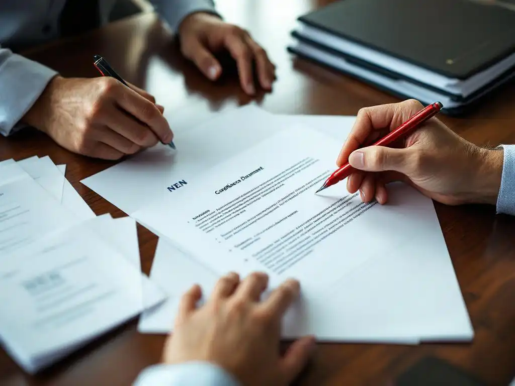 Business consultant reviewing compliance document with red pen on conference table, NEN certification folders nearby