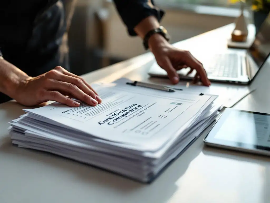 Professional organizing compliance documents and digital audit checklists on modern office desk with laptop and tablet
