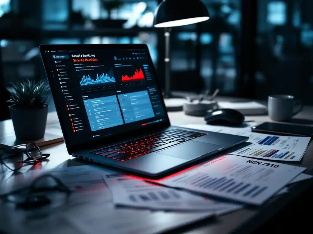 Cybersecurity professional's laptop displaying security monitoring dashboards with NEN 7510 compliance documents on desk