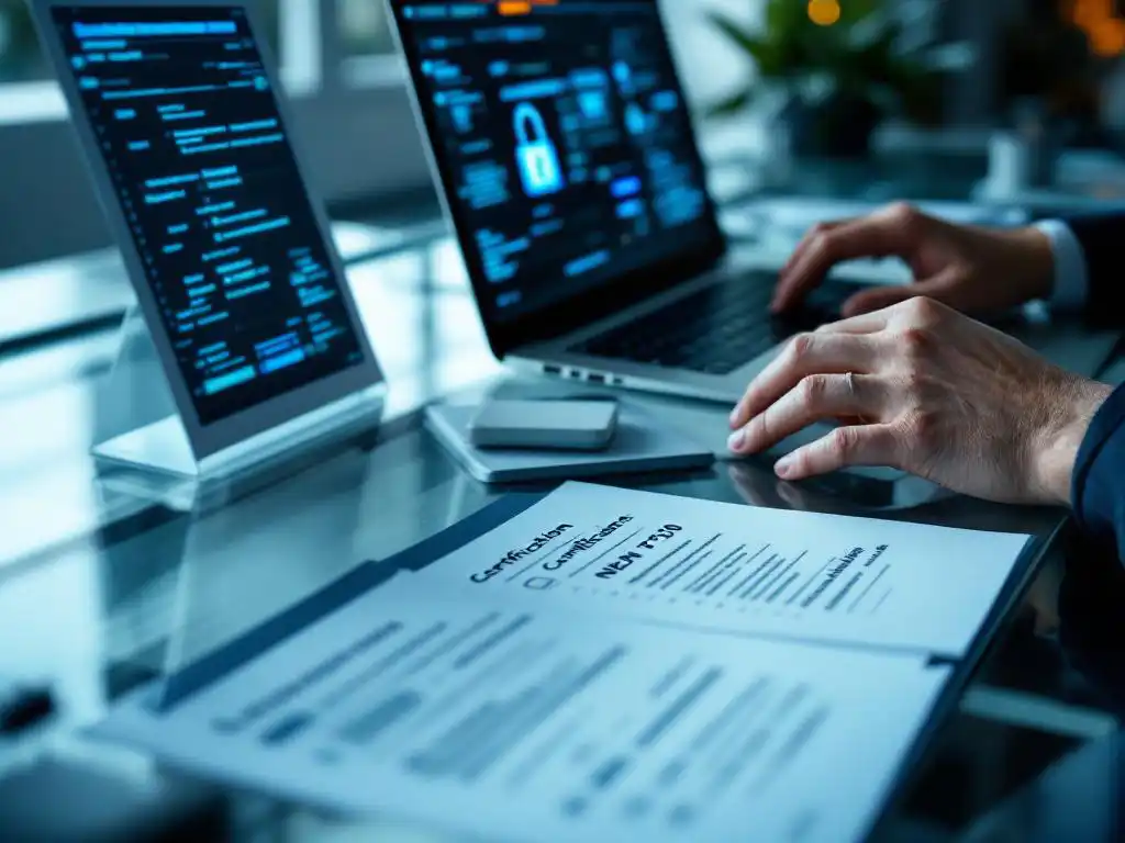 Cybersecurity professional typing on laptop with security certification documents and NEN 7510 compliance checklists on desk