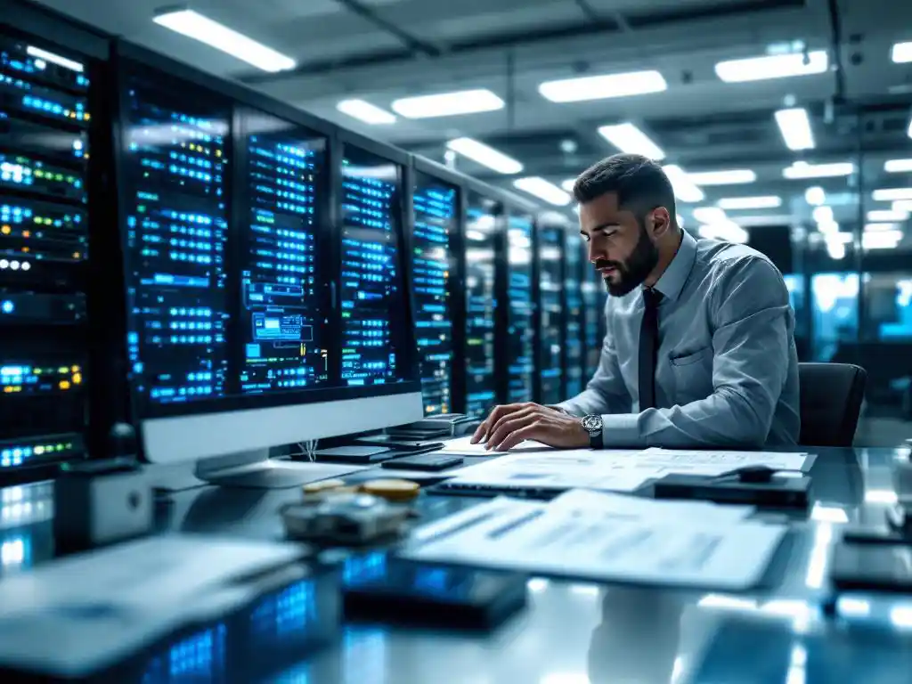 Cybersecurity specialist analyzing server rack with blinking network equipment and security documents in modern office