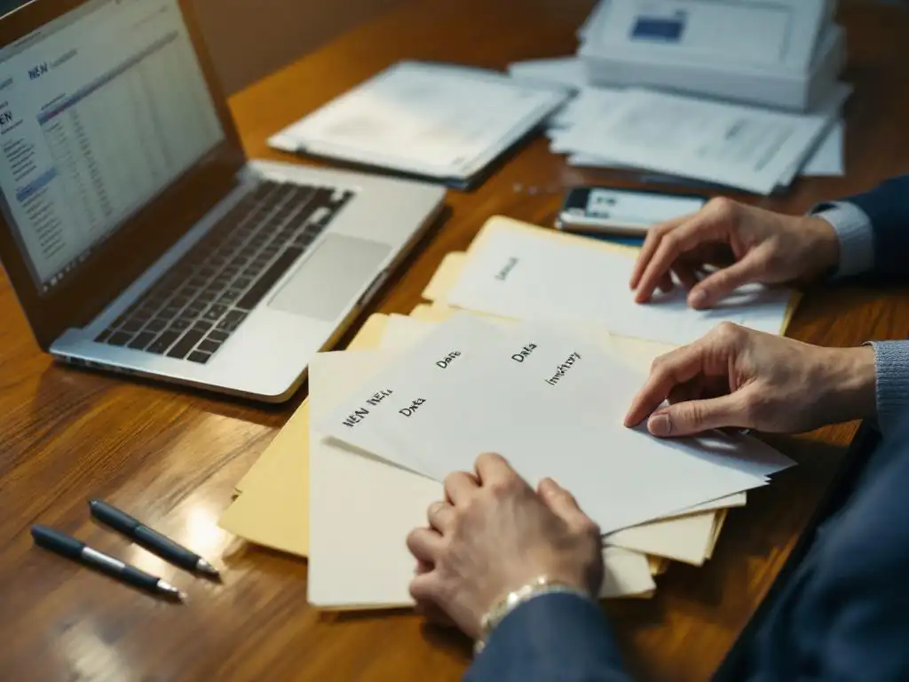 Professional hands organizing labeled file folders on wooden desk with laptop displaying digital inventory spreadsheet