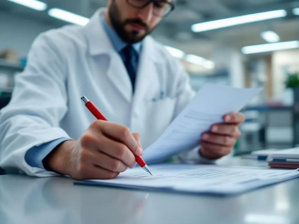 Healthcare administrator in white coat reviewing inspection document with red pen at medical facility desk