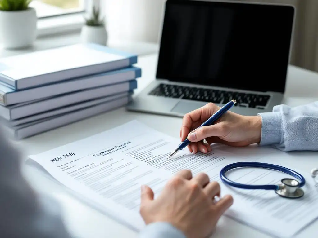 Healthcare administrator reviewing treatment protocol document at desk with laptop, compliance folders, and stethoscope