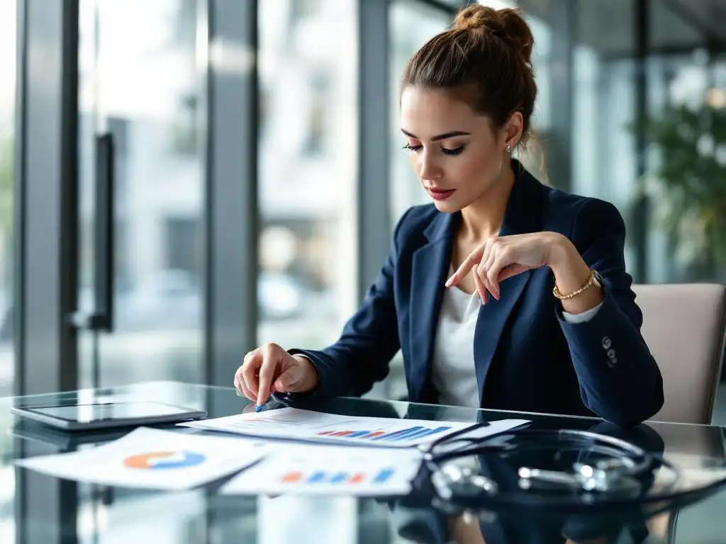 Professional businesswoman in navy blazer reviewing Dutch healthcare compliance document at modern office desk with stethoscope