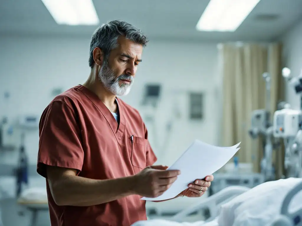 Healthcare professional in scrubs reviewing patient chart beside hospital bed in clinical setting