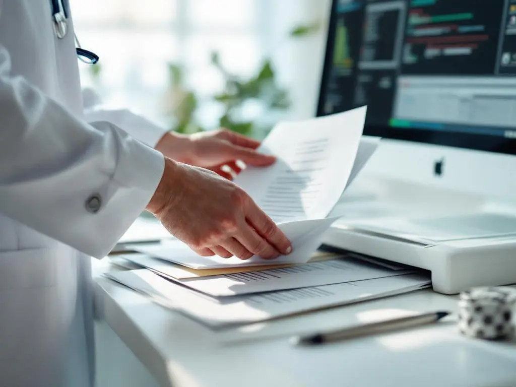 Healthcare professional organizing patient files on desk, sorting documents while using digital records system on computer monitor