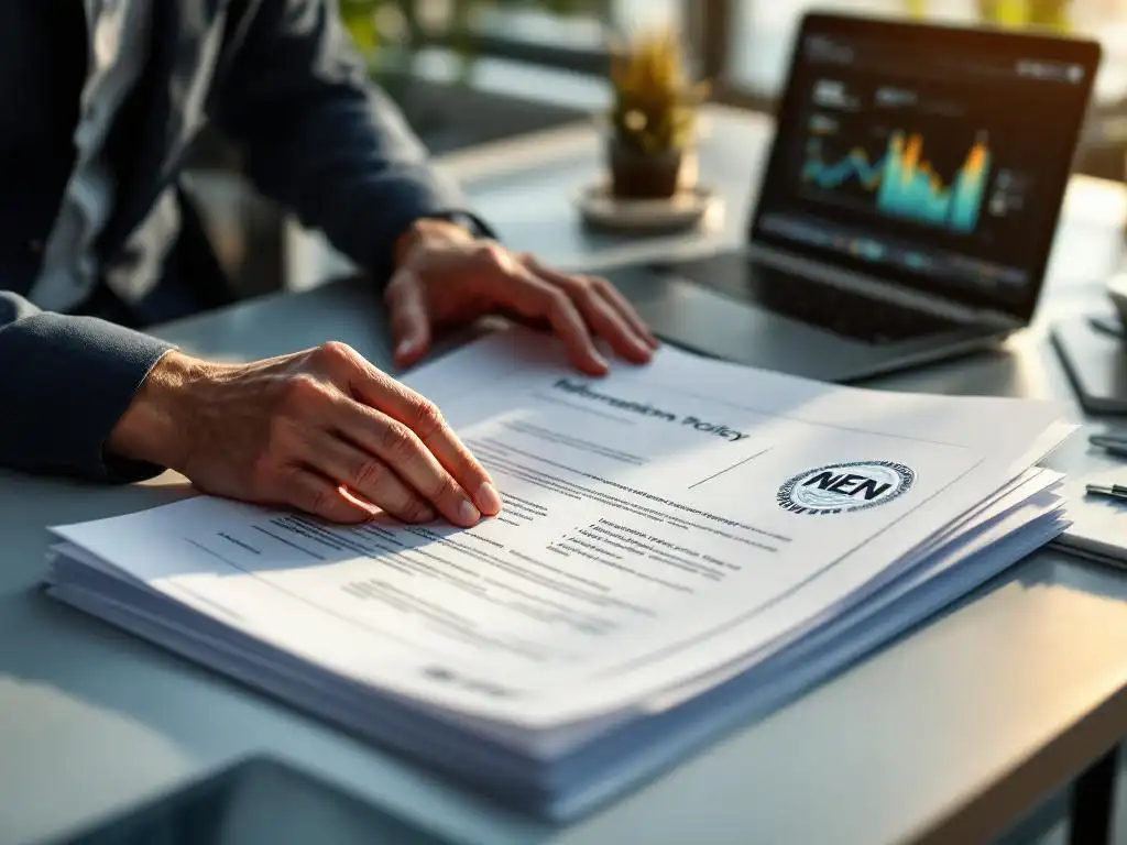 Professional hands reviewing NEN-certified information security policy document on desk with cybersecurity dashboard laptop