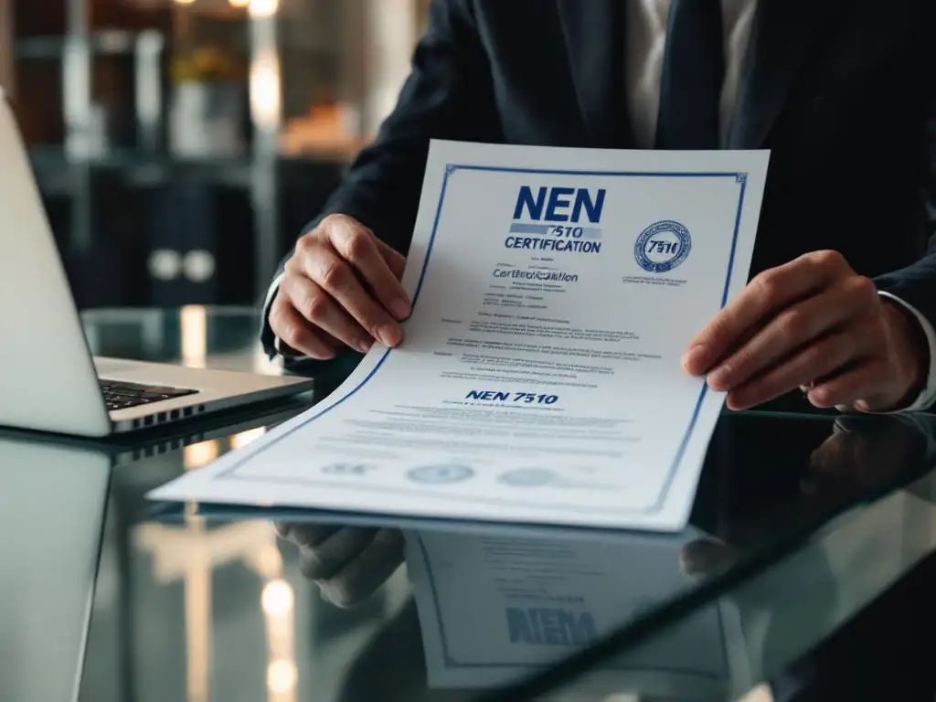 Businessman examining NEN 7510 certification document at modern office desk with laptop and filing system
