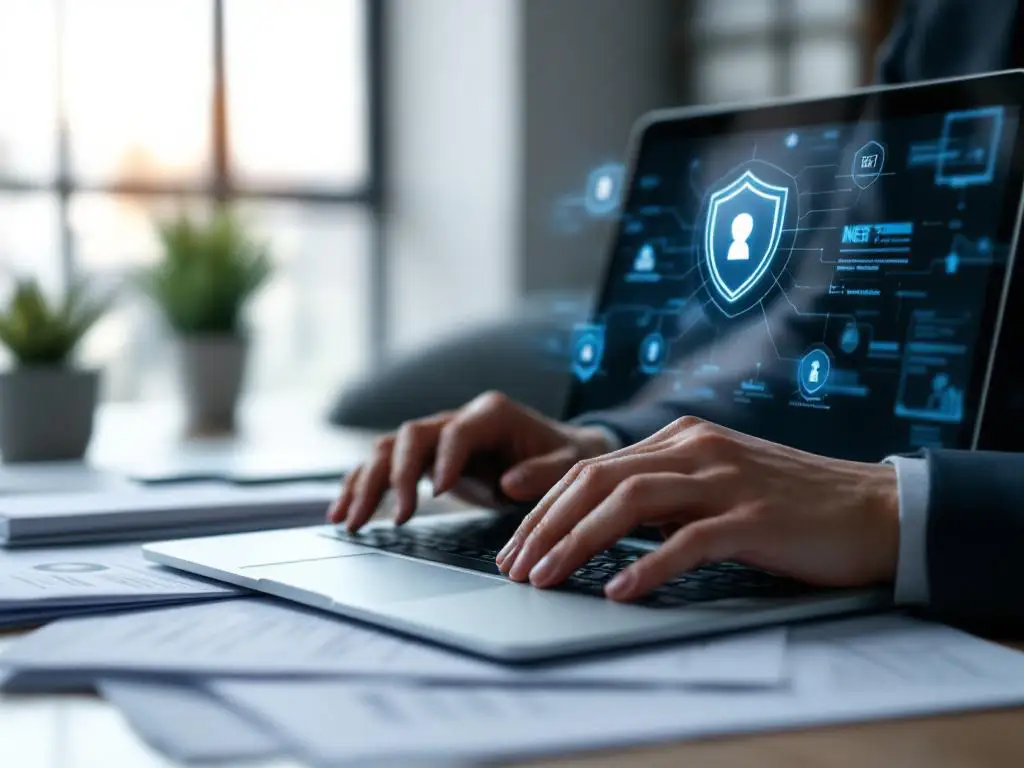 Modern laptop displaying digital privacy shield icons with hands typing on keyboard over NEN 7510 compliance documents