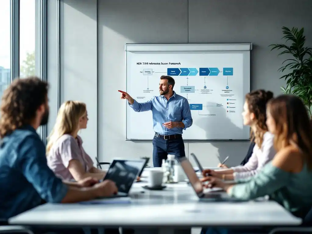 Professional instructor presenting NEN 7510 security framework diagram to healthcare IT professionals in bright corporate training room
