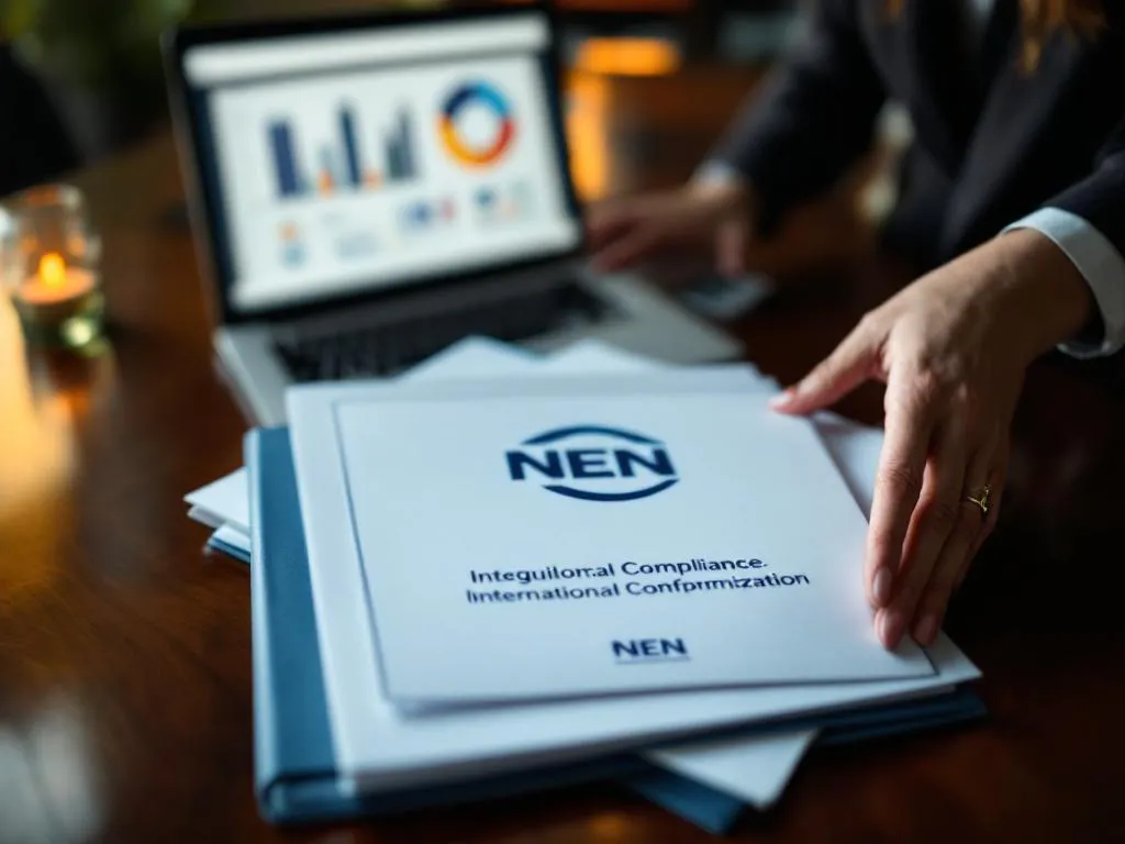 Professional businesswoman placing Dutch NEN regulatory document on ISO certification folder on mahogany conference table