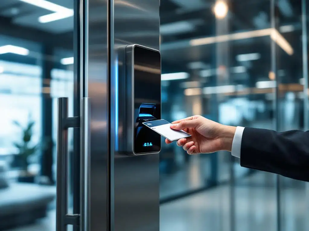Employee using security badge at modern office card reader scanner on glass door with LED lighting