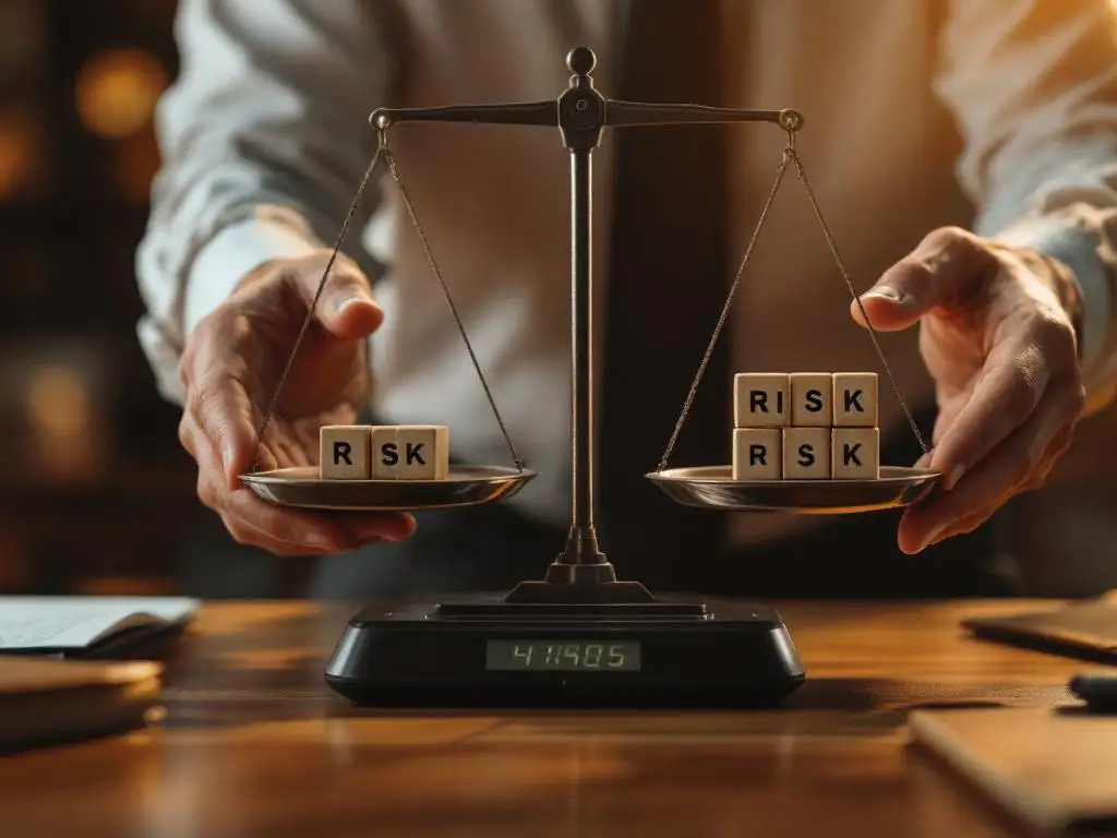 Professional risk manager balancing wooden blocks labeled with risk levels on digital scale at mahogany desk